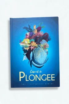 Couverture d’un carnet de plongée illustré, dessinée à la main, avec une illustration inspirée de l’univers sous-marin.