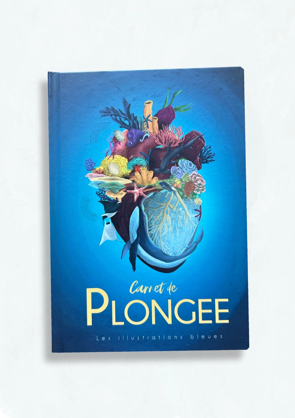 Couverture d’un carnet de plongée illustré, dessinée à la main, avec une illustration inspirée de l’univers sous-marin.