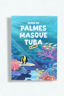 Couverture du carnet de snorkeling illustré avec des poissons tropicaux et des coraux du lagon.