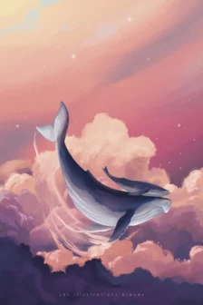 Illustration dessinée à la main représentant des baleines dans un univers onirique aux teintes douces.