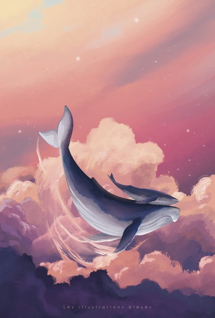 poster-baleines-nuages-illustrations-bleues Illustration dessinée à la main représentant des baleines dans un univers onirique aux teintes douces.