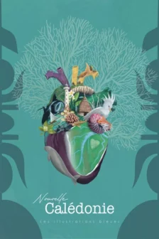 Poster dessiné à la main représentant un cœur composé de symboles de Nouvelle-Calédonie, dont le cagou, le cœur de Voh, le phare Amédée et un dugong.