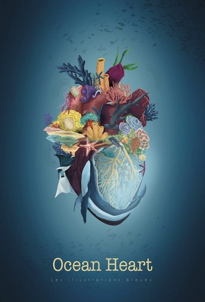 poster-coeur-ocean-illustrations-bleues Illustration dessinĂ©e Ă la main reprĂ©sentant un cĆur composĂ© dâĂ©lĂ©ments marins et de souvenirs liĂ©s Ă lâocĂ©an.