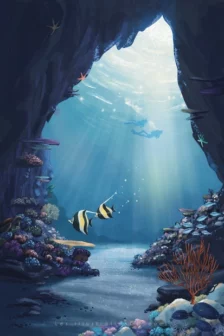 poster d'une grotte sous marine. Poissons tropicaux, coraux et éponges