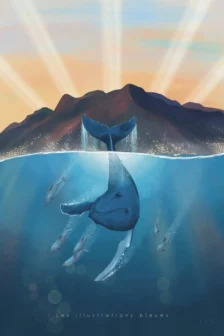 L’île intense, un poster dessiné à la main inspiré de La Réunion. Une baleine nage devant l’île au lever du soleil, avec les reflets du volcan.