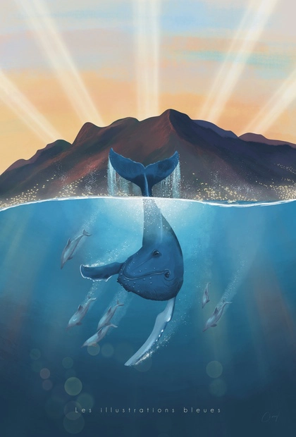 L’île intense, un poster dessiné à la main inspiré de La Réunion. Une baleine nage devant l’île au lever du soleil, avec les reflets du volcan.