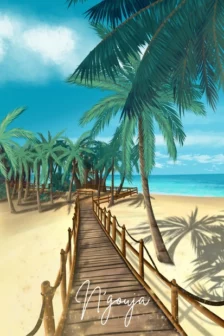 Poster dessiné à la main représentant le pont de N’Gouja à Mayotte, avec le lagon turquoise, la plage et des cocotiers.
