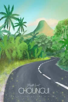 Poster dessiné à la main représentant la route menant vers le mont Choungui dans le sud de Mayotte.