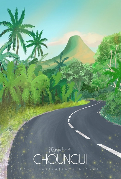 Poster dessiné à la main représentant la route menant vers le mont Choungui dans le sud de Mayotte.