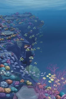 Poster dessiné à la main représentant le Grand Tombant de la Pointe au Sel à La Réunion, avec sa faune et sa flore sous-marines.