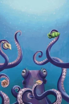 Poster dessiné à la main représentant un poulpe en gros plan, utilisant ses tentacules pour attraper des coquillages sous l’eau.