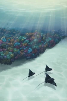 Poster dessiné à la main représentant trois raies nageant ensemble le long d’une barrière de corail colorée et lumineuse.