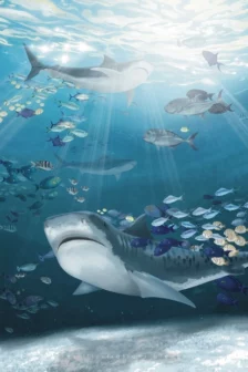 Poster dessiné à la main représentant des requins-tigres nageant près des plongeurs à Fuvahmulah, aux Maldives.