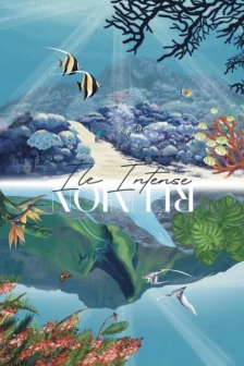Poster dessinĂ© Ă la main reprĂ©sentant La RĂ©union avec ses reliefs et ses fonds marins, conçu pour ĂȘtre affichĂ© dans les deux sens.