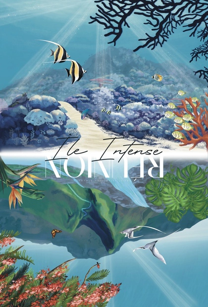 Poster dessiné à la main représentant La Réunion avec ses reliefs et ses fonds marins, conçu pour être affiché dans les deux sens.
