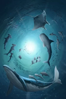 Poster dessiné à la main représentant une ronde de baleines, requins, raies et dauphins autour d’un plongeur.