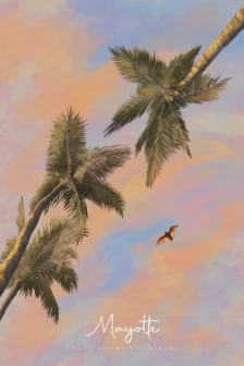 Poster dessiné à la main représentant une roussette volant entre des palmiers sous un ciel rose au coucher du soleil à Mayotte.