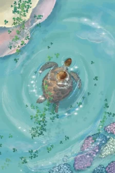 Poster dessinĂ© Ă la main reprĂ©sentant une tortue verte nageant dans les eaux chaudes dâun lagon de La RĂ©union.