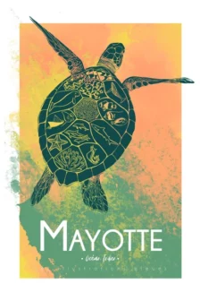 Poster dessiné à la main représentant une tortue marine minimaliste avec différentes espèces marines de Mayotte dans ses écailles.